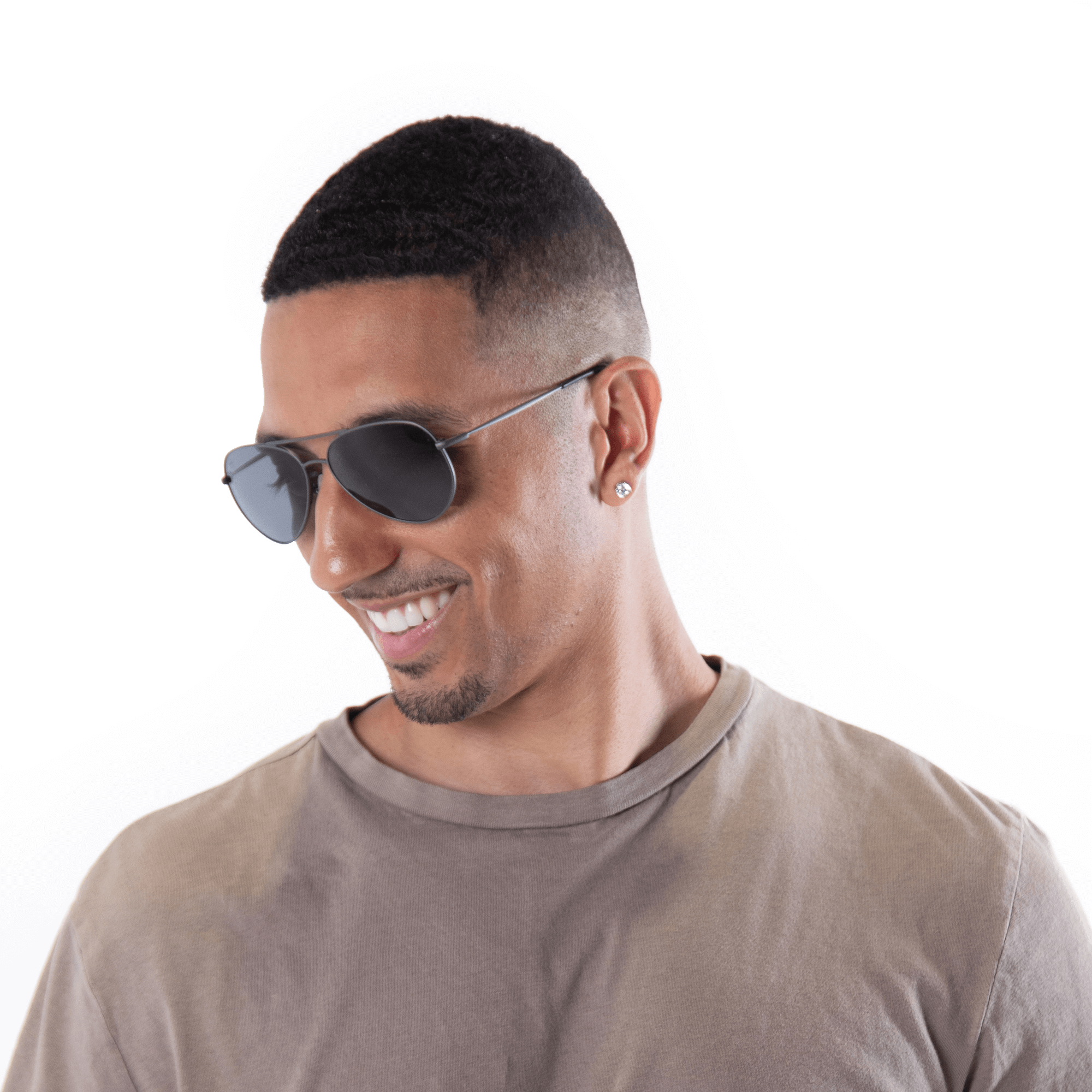 A male model wearing Bodacious Blackberry sunglasses, size small.