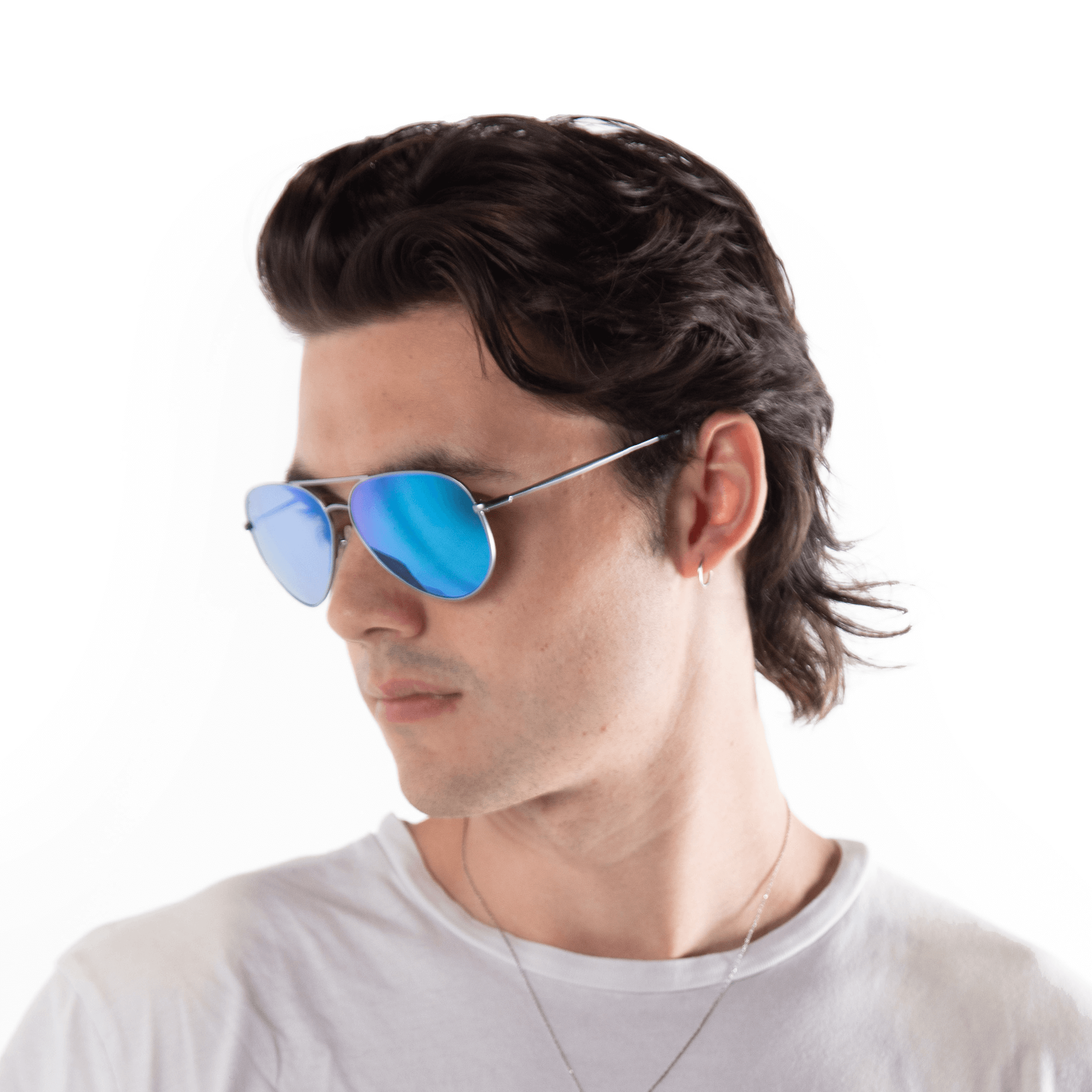 A male model wearing Bodacious Blueberry sunglasses, size large-XL.