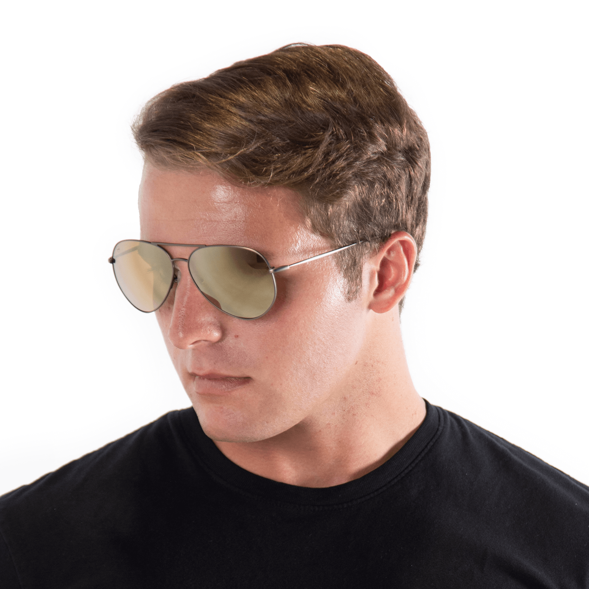 A male model wearing Bodacious Caramel sunglasses, size large-XL.