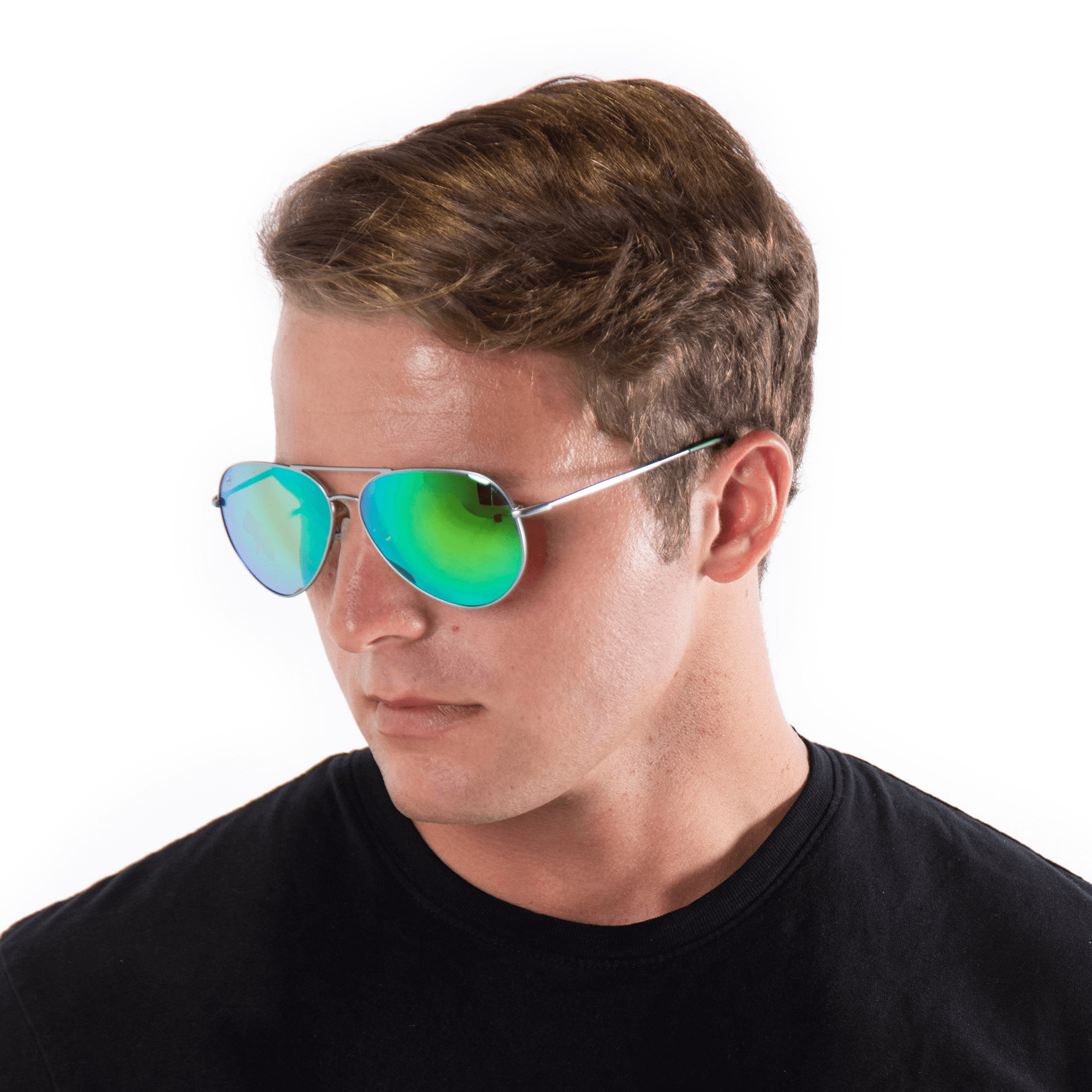 A male model wearing Bodacious Lime sunglasses, size large-XL.
