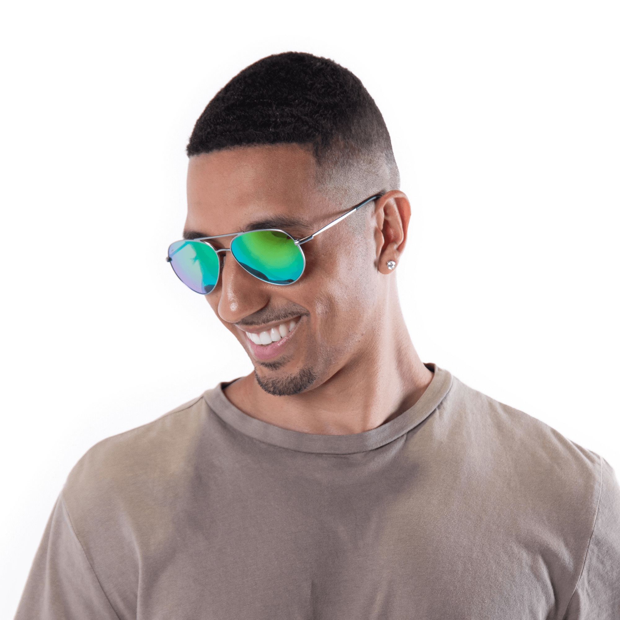 A male model wearing Bodacious Lime sunglasses, size small.