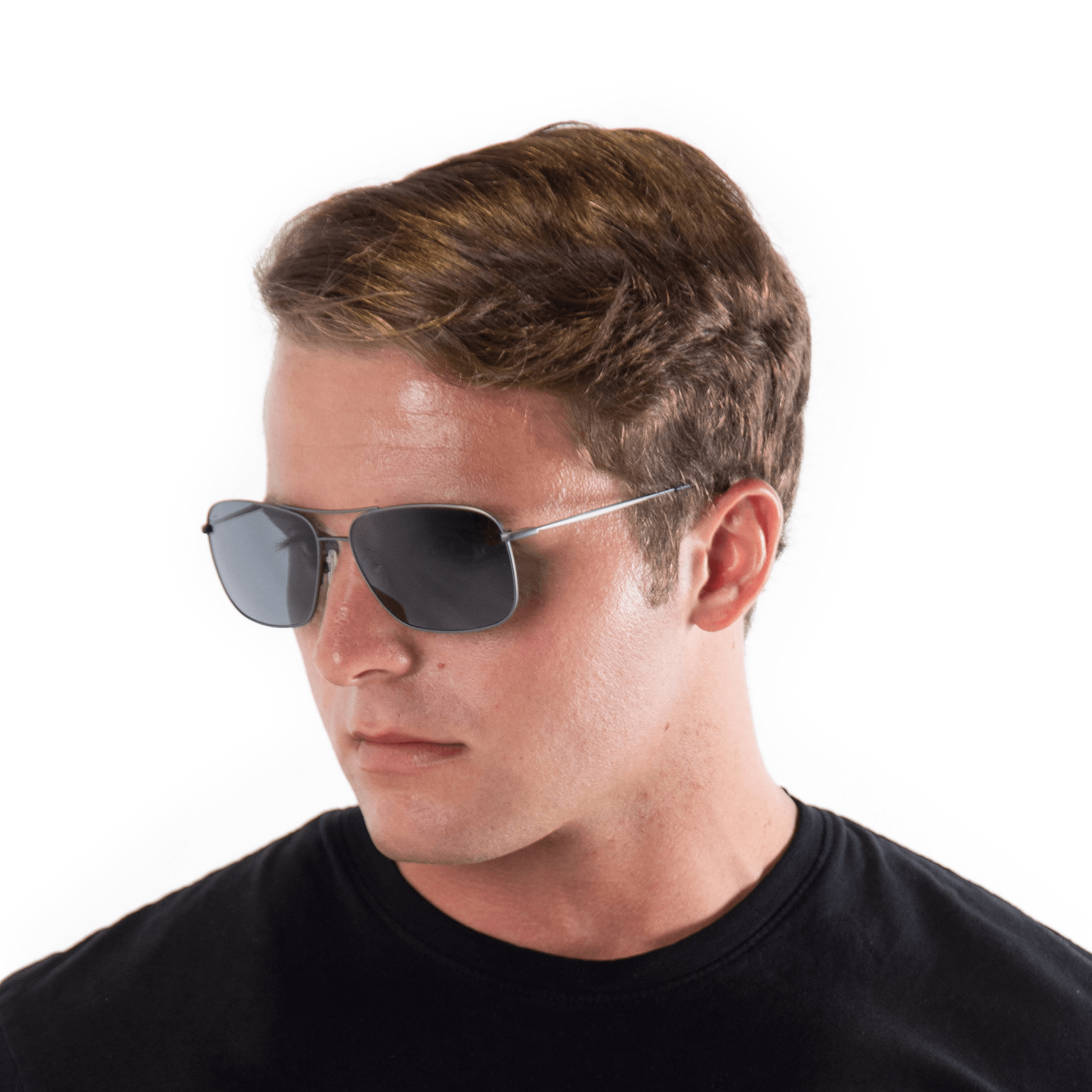 A male model wearing Crenshaw Blackberry sunglasses, size large-XL.