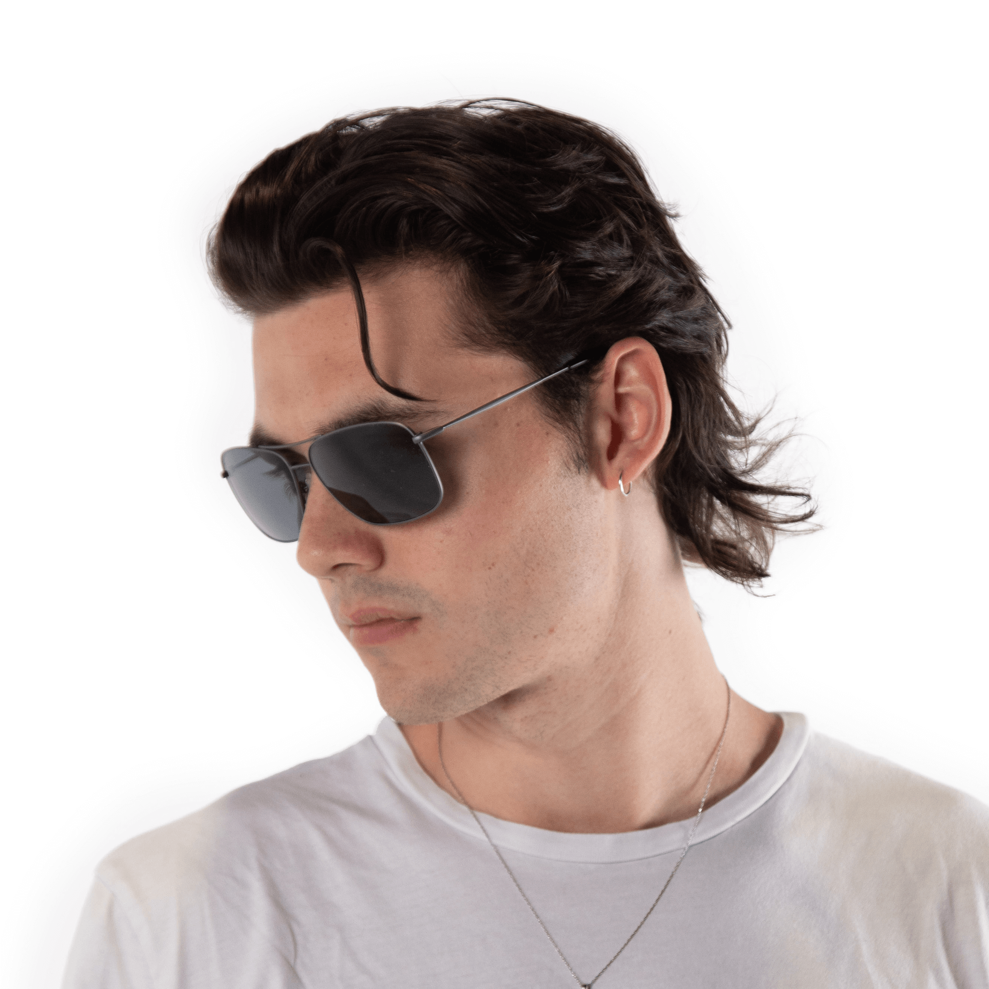 A male model wearing Crenshaw Blackberry sunglasses, size medium.