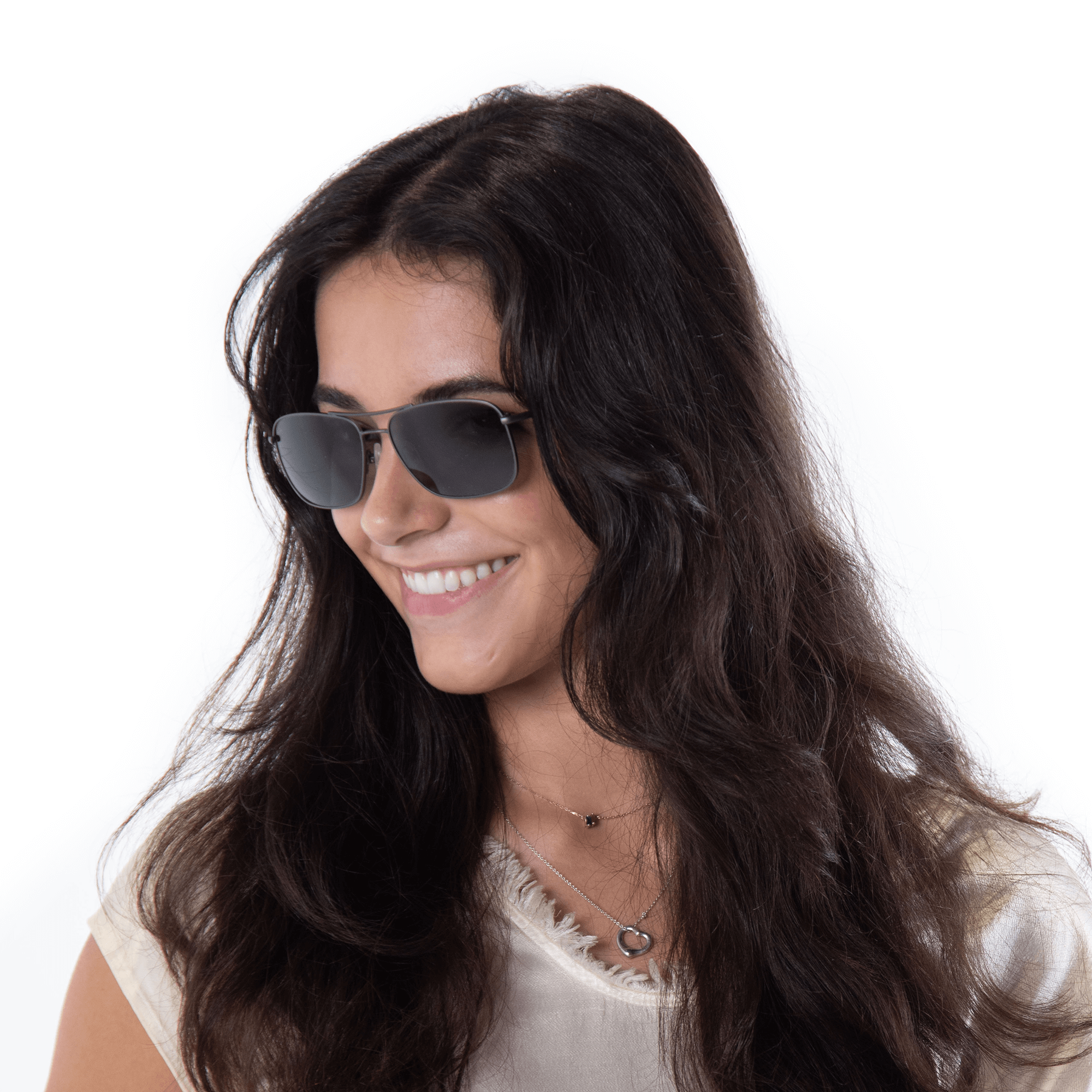 A female model wearing Crenshaw Blackberry sunglasses, size small.