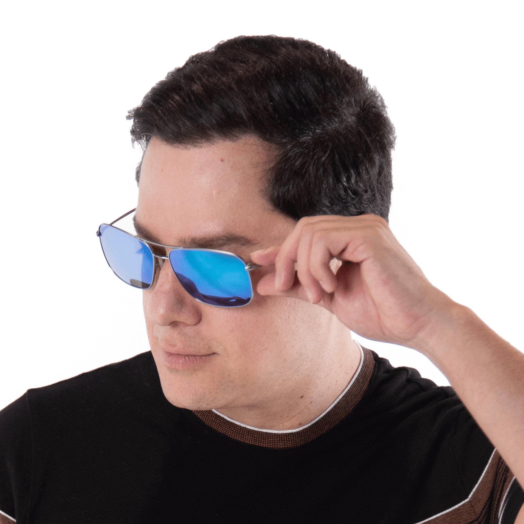 A male model wearing Crenshaw Blueberry sunglasses, size large-XL.