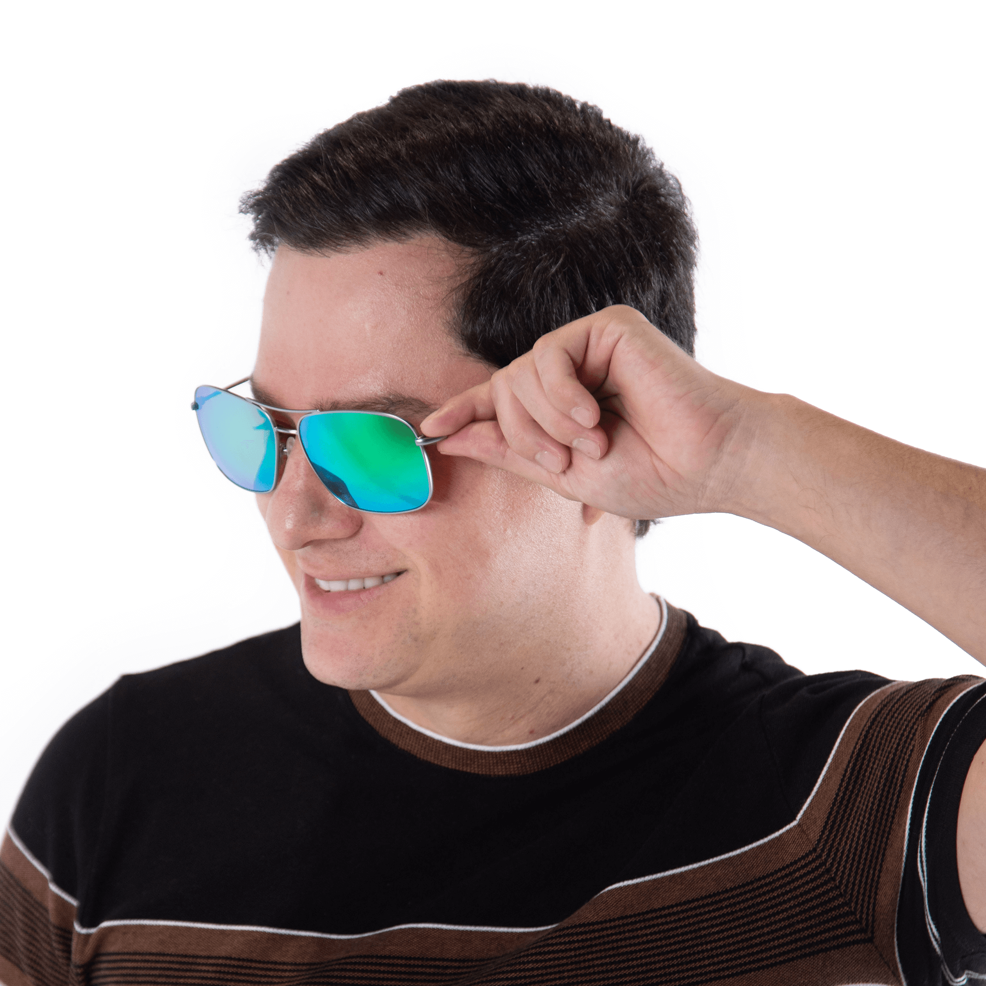 A male model wearing Crenshaw Lime sunglasses, size large-XL.