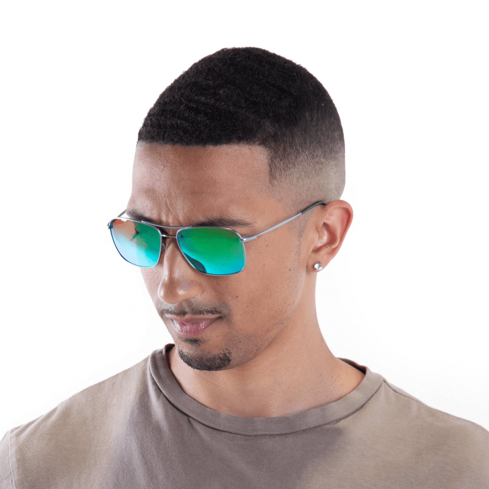 A male model wearing Crenshaw Lime sunglasses, size medium.