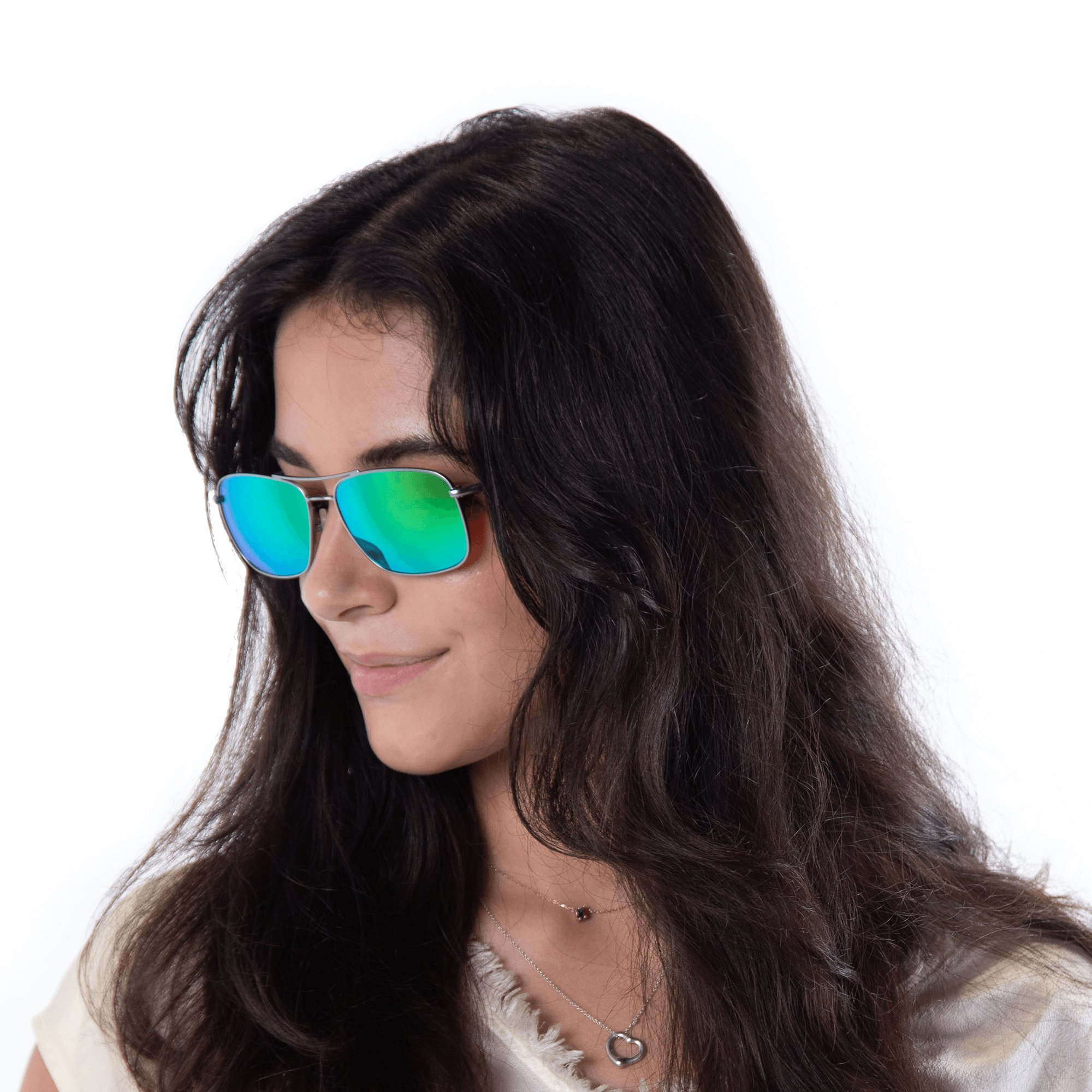A female model wearing Crenshaw Lime sunglasses, size small.