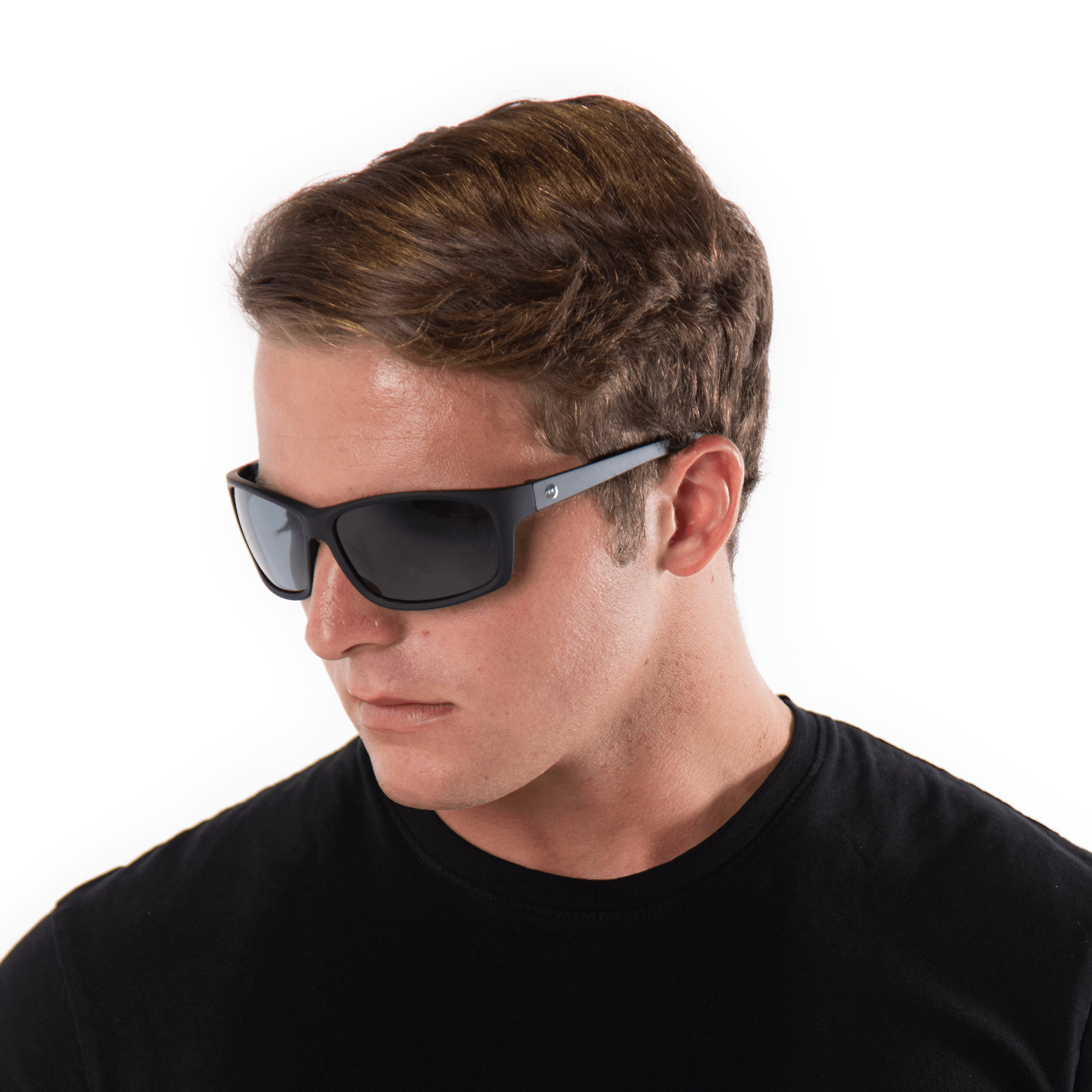 A male model wearing Papaya Blackberry sunglasses, size large-XL.