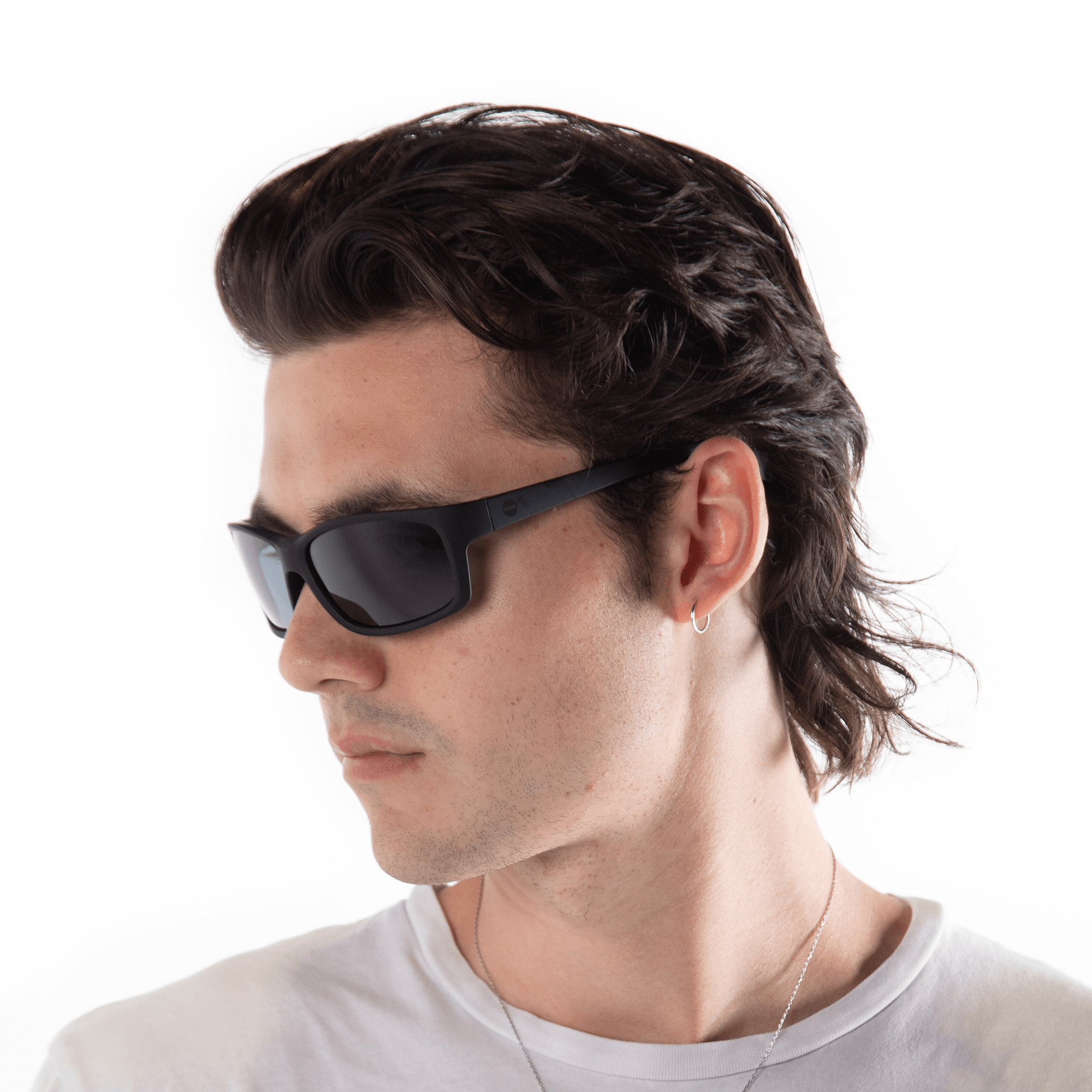 A male model wearing Papaya Blackberry sunglasses, size medium.