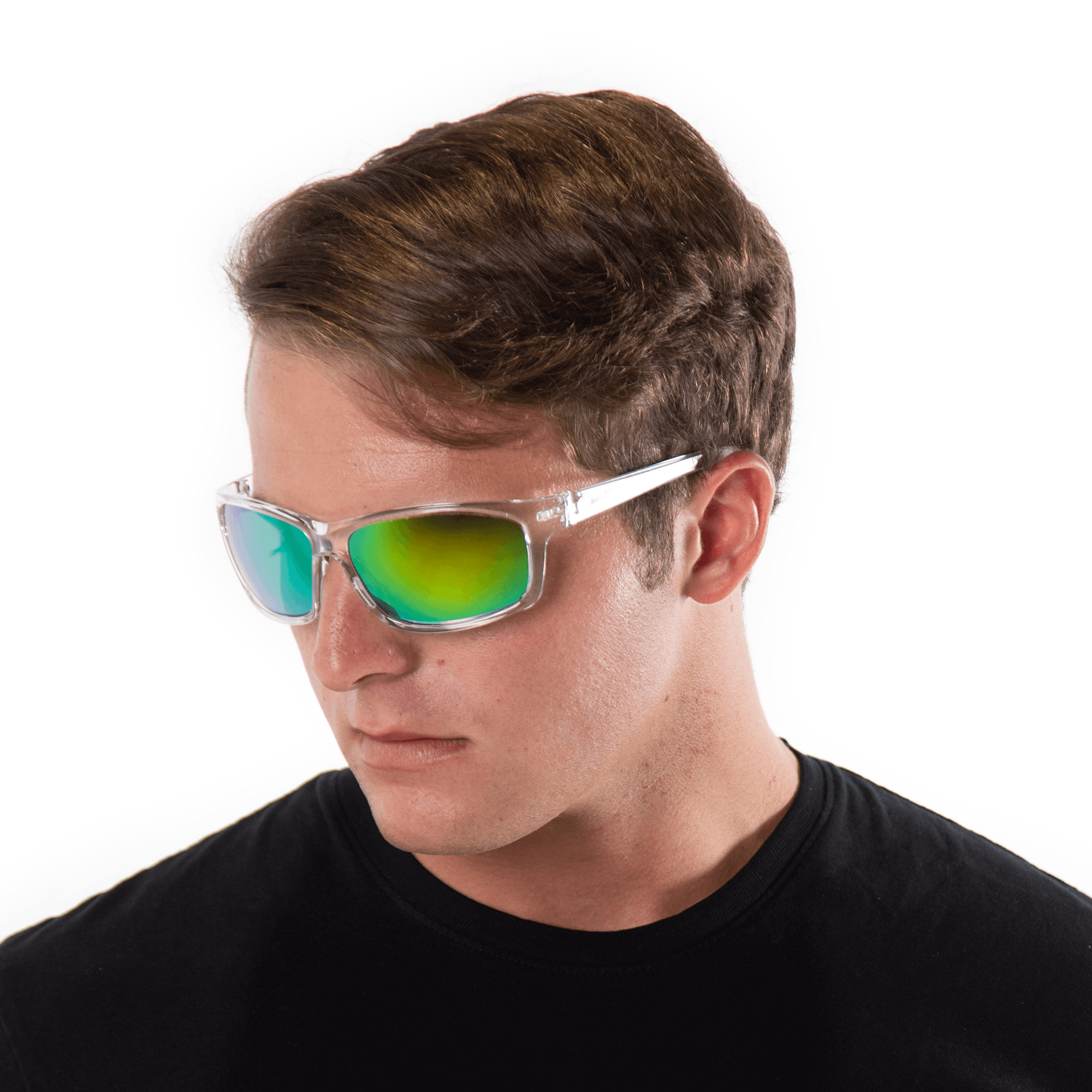 A male model wearing Papaya Lime sunglasses, size large-XL.