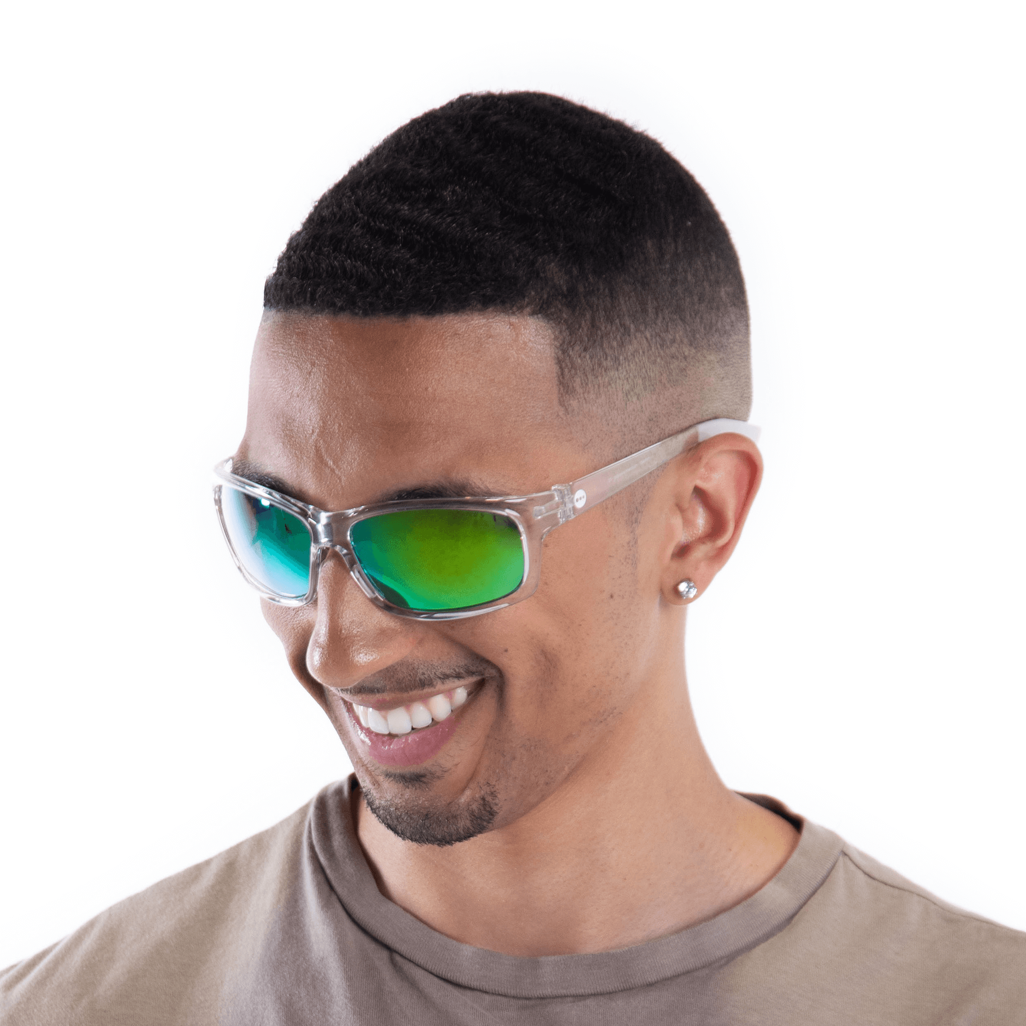 A male model wearing Papaya Lime sunglasses, size small.