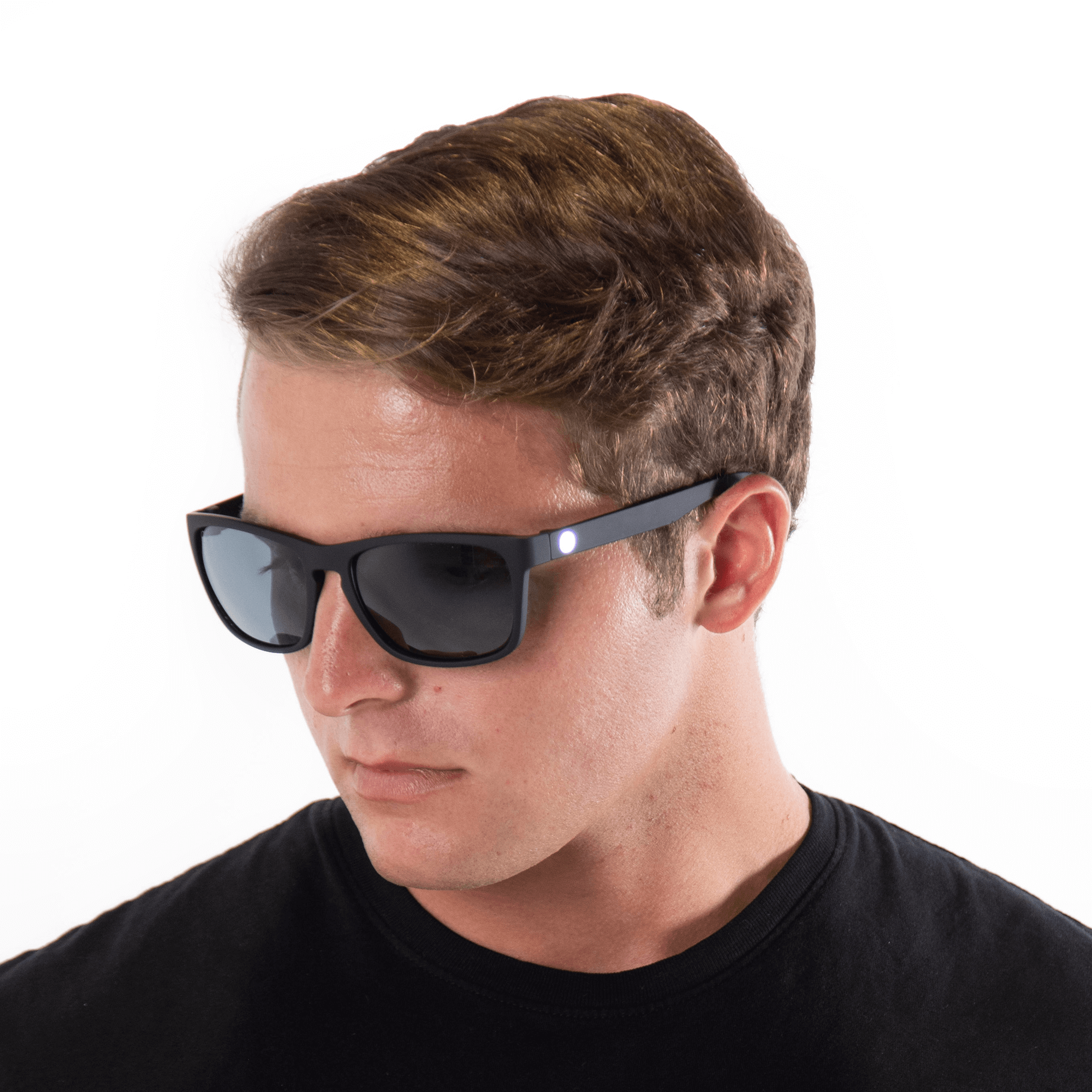 A male model wearing Sugar Blackberry sunglasses, size large-XL.