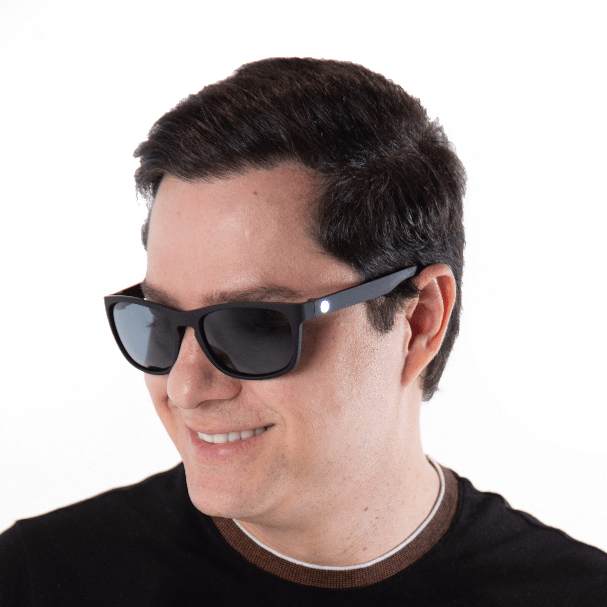 A male model wearing Sugar Blackberry sunglasses, size medium.