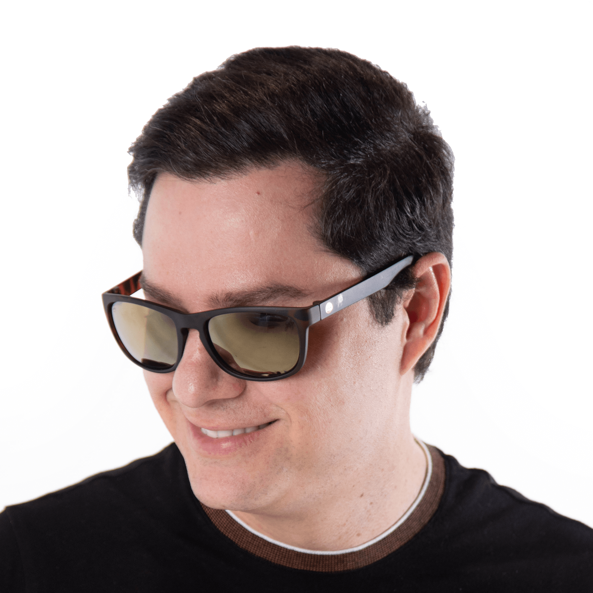 A male model wearing Sugar Butterscotch sunglasses, size medium.