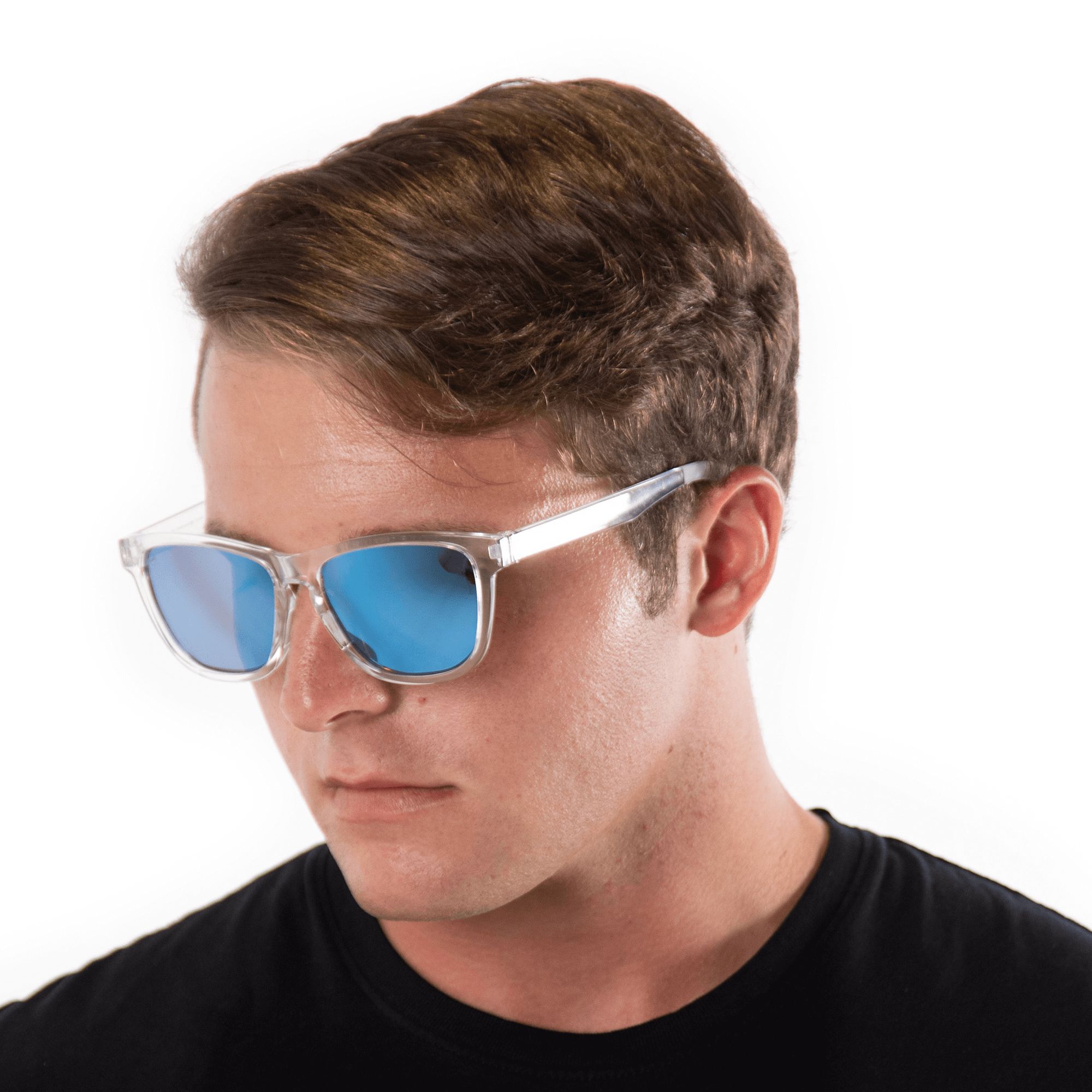 A male model wearing Valencia Ice sunglasses, size large-XL.
