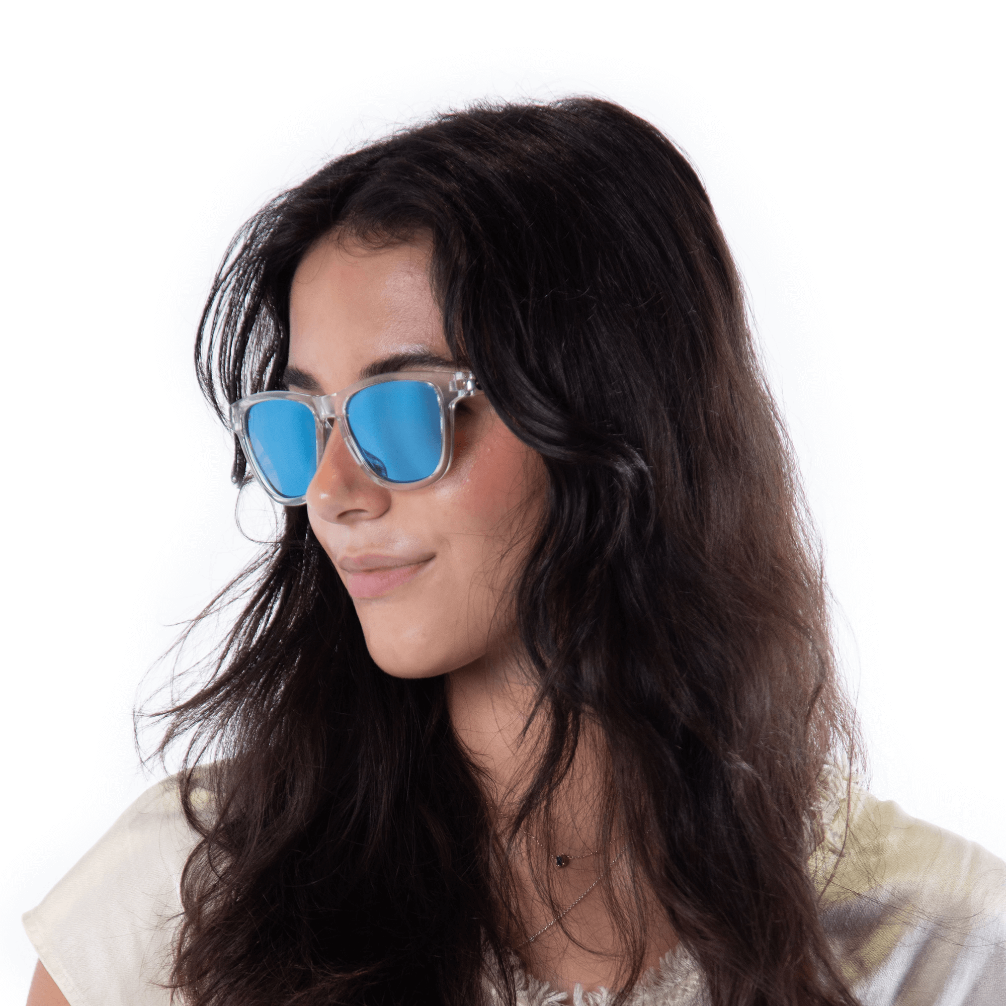 A female model wearing Valencia Ice sunglasses, size small.