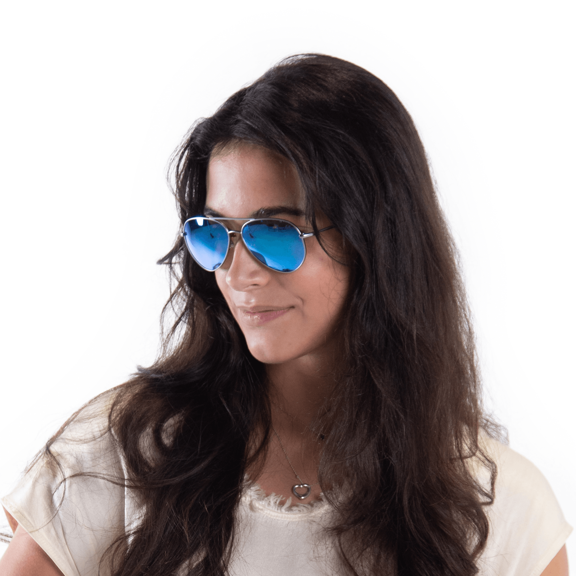 A female model wearing Bodacious Blueberry sunglasses, size small.