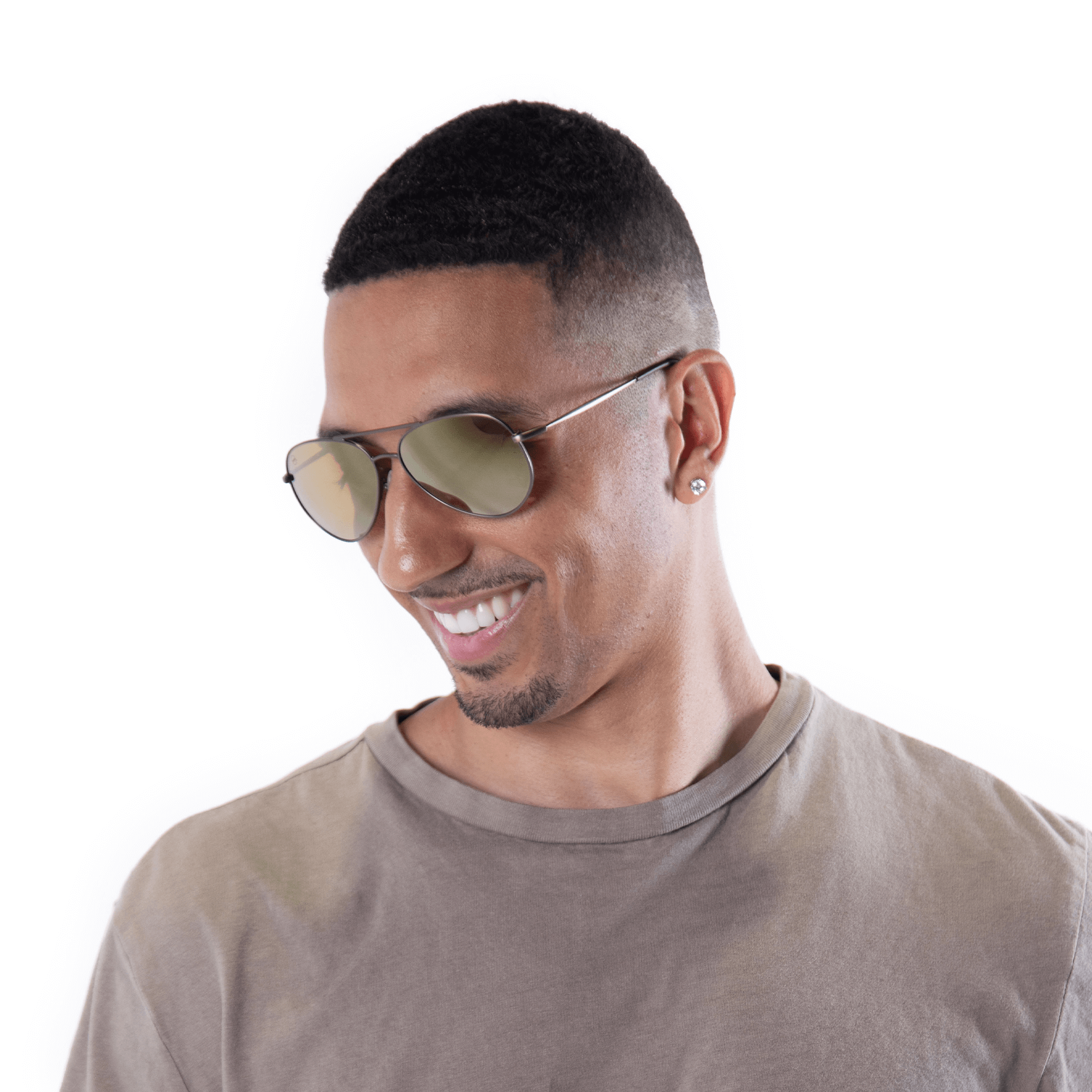 A male model wearing Bodacious Caramel sunglasses, size medium.