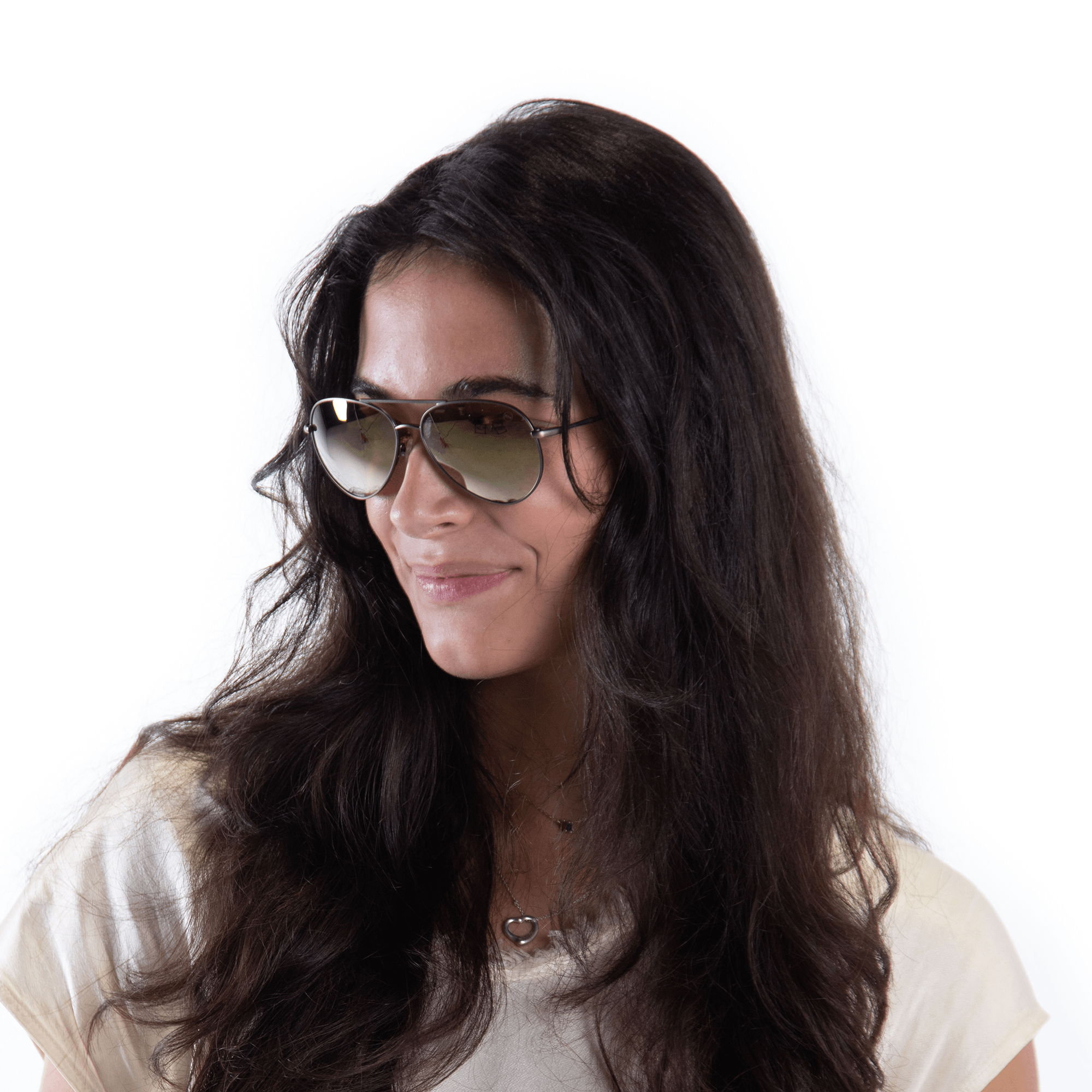 A female model wearing Bodacious Caramel sunglasses, size small.