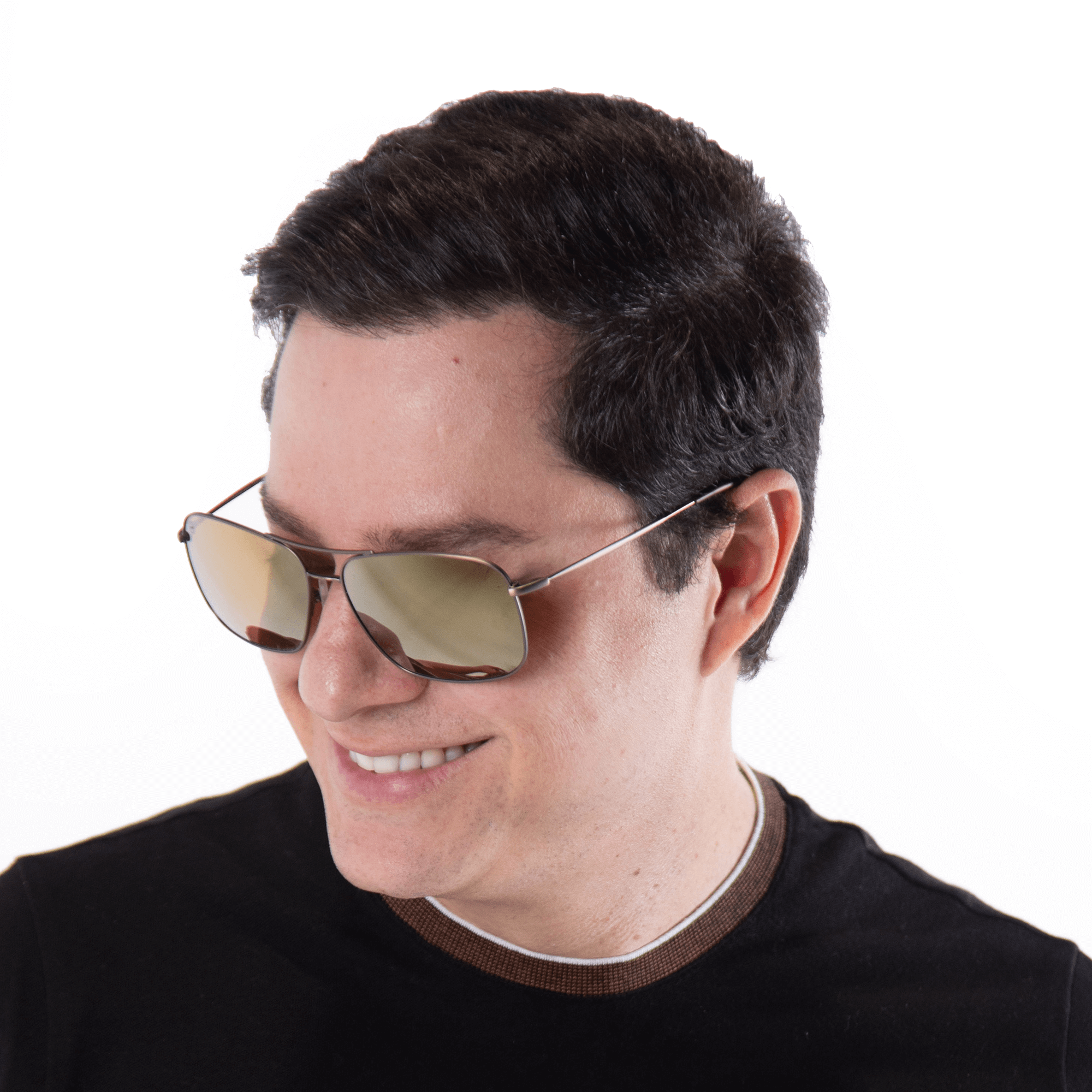 A male model wearing Crenshaw Caramel sunglasses, size large-XL.